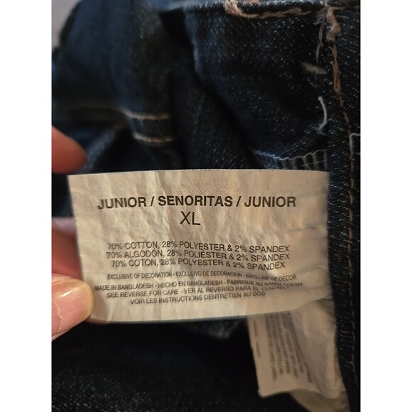 L.E.I. Y2k Dark Denim Whiskered Faded Hippie Overalls Size XL Juniors - Picture 13 of 13